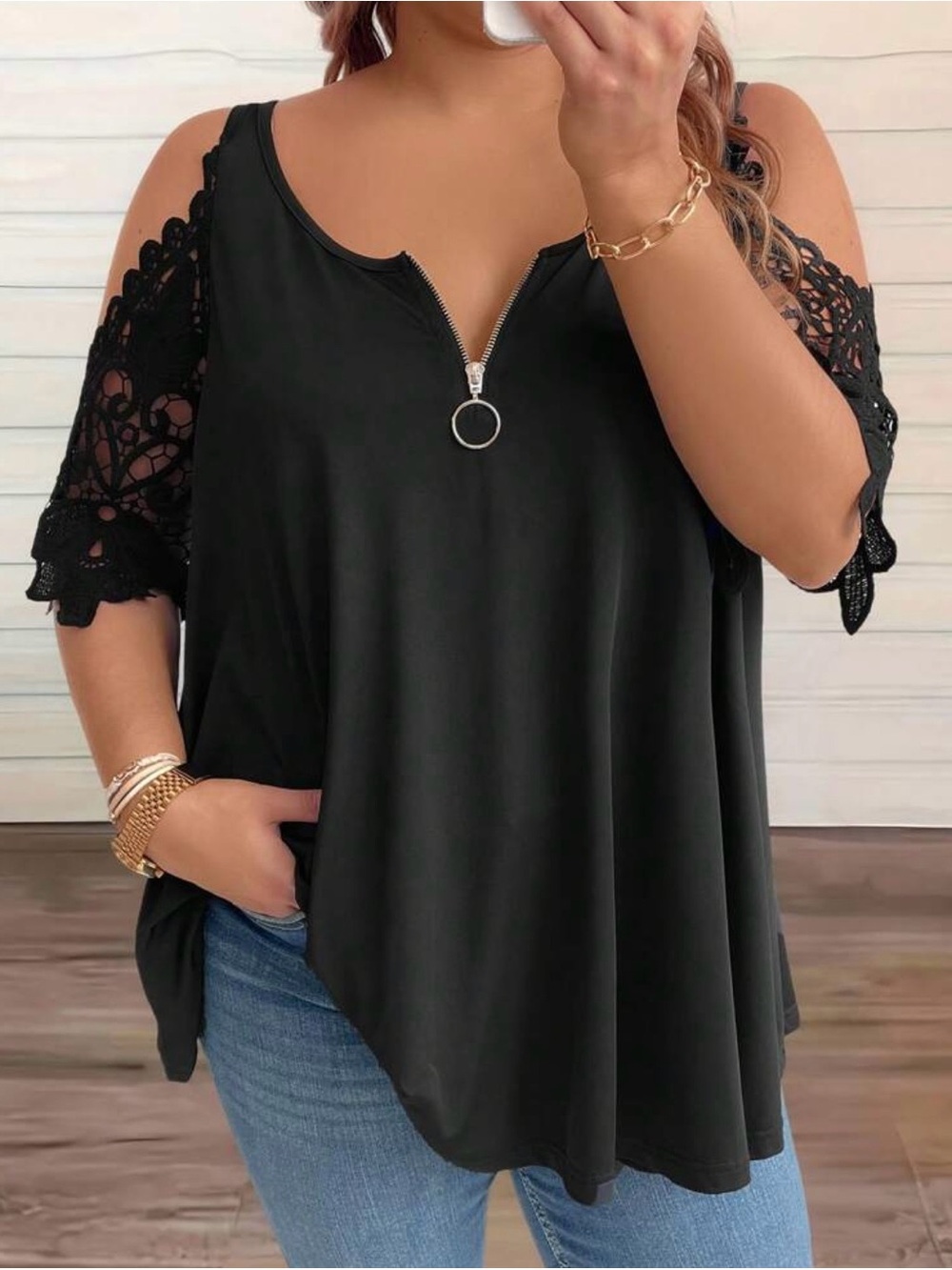 SHEIN Black Cold-Shoulder Lace Short Sleeve Tunic Top with Ring Zip